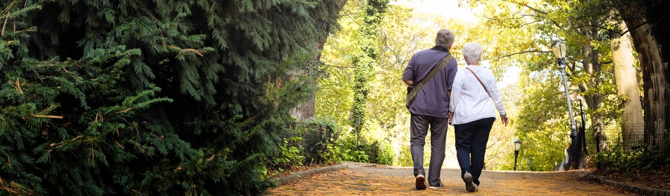 Couple walking on leaf covered path in park